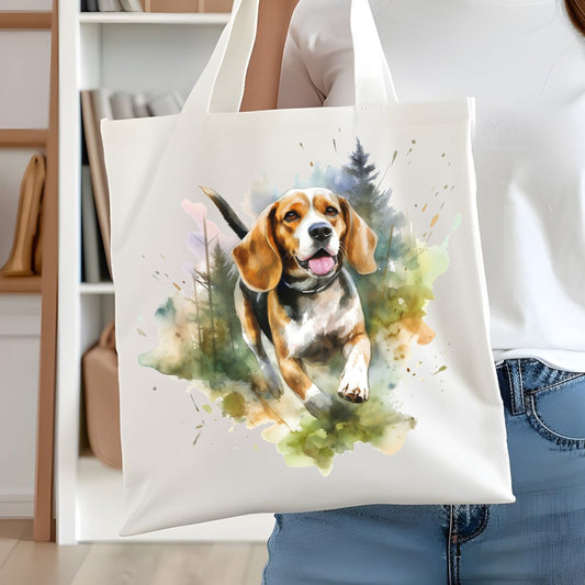 White tote bag with a long handle showing a Beagle dog running. Trees in the background. A woman is holding the bag in front of white book case.