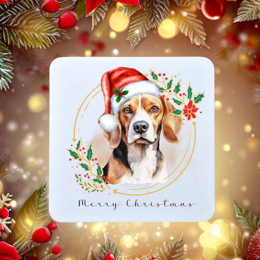 Beagle in a Santa Hat on a Christmas themed coaster surrounded by Christmas leaves and berries.
