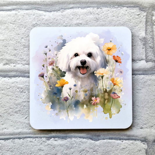 White coaster showing a Bichon Frise dog sitting amongst flowers.  