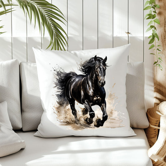 A black Horse running through muddy water. The horse has a white 'star' in the centre of it's forehead. The image is printed onto the front of a white cushion which is placed on a cream sofa. White panels and green fern create the background.