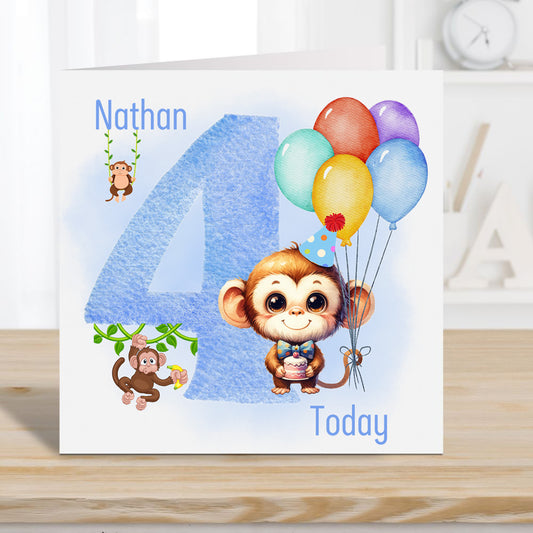 Boy birthday card age 4 years. Blue number. Monkeys and balloons. Personalised with a name.d