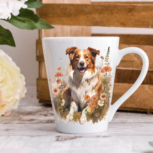 A white ceramic latte mug with a printed image of a Border Collie surrounded by flowers.
