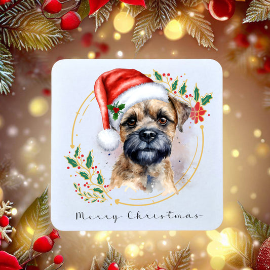 Border Terrier in a Santa hat on a Christmas themed coaster