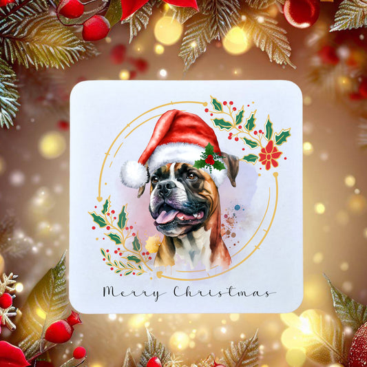 Boxer dog in a Santa hat on a Christmas themed coaster