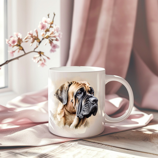 A pink drape sets the backdrop for white ceramic mug with the image of a Bullmastiff dog sat looking to its left.  A stem of small pink flowers accessorizes the image
