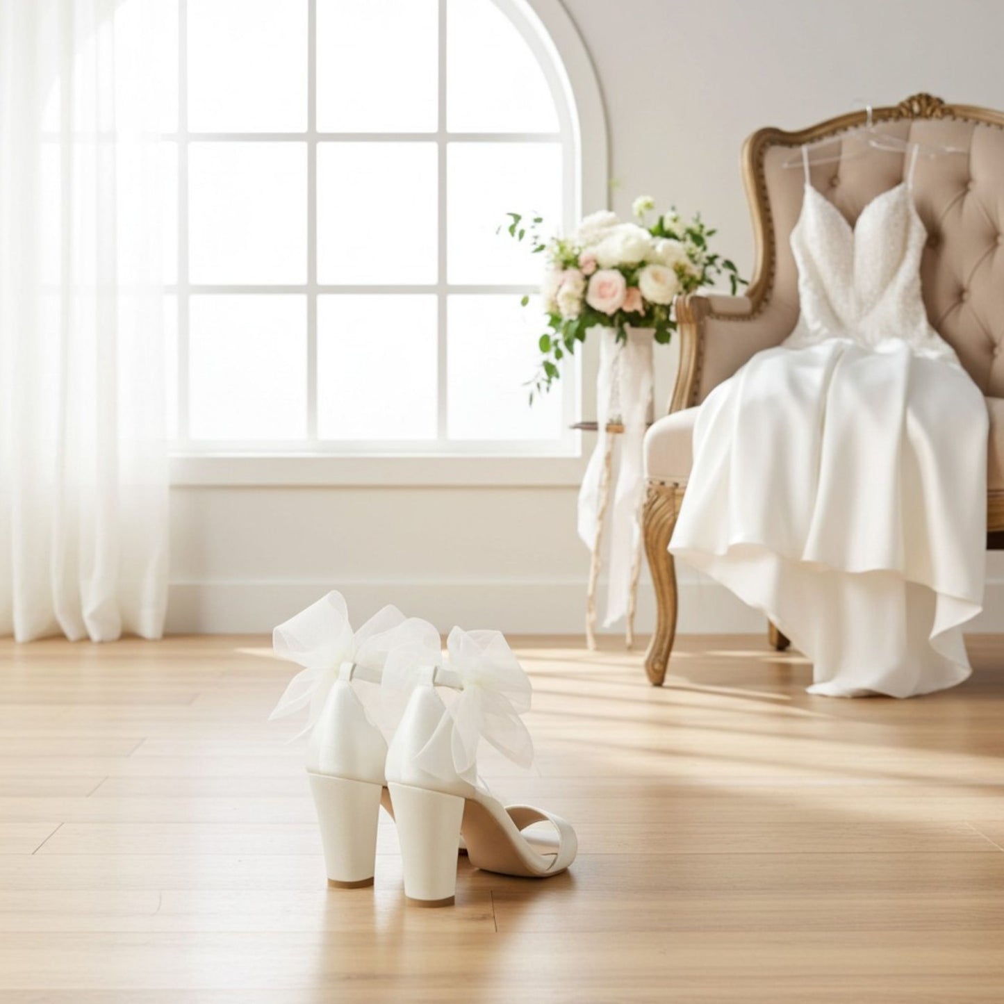 Rear view of block heel wedding shoes with large bows on a wooden floor, next to a white dress and flowers in a room with a large window.