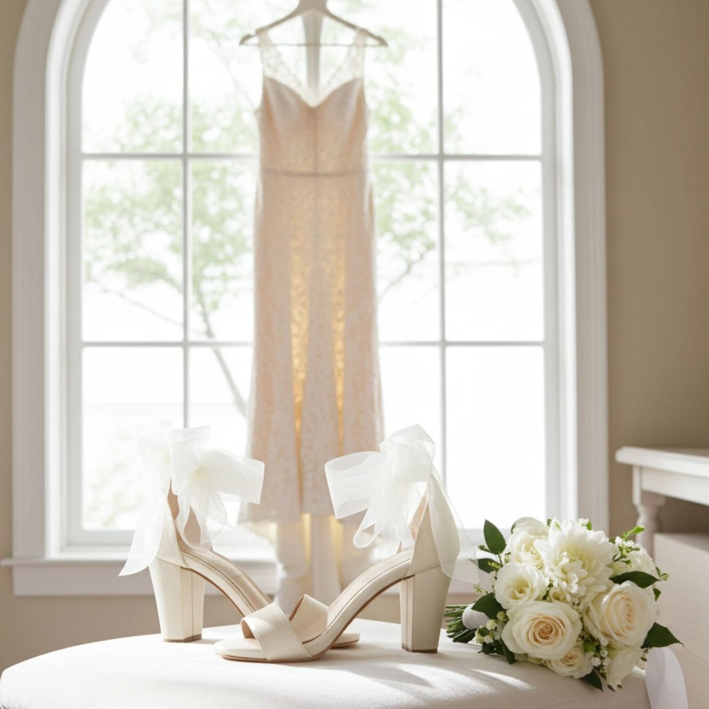 Ivory wedding shoes with organza straps on a white surface in front of a window with a dress and bouquet.