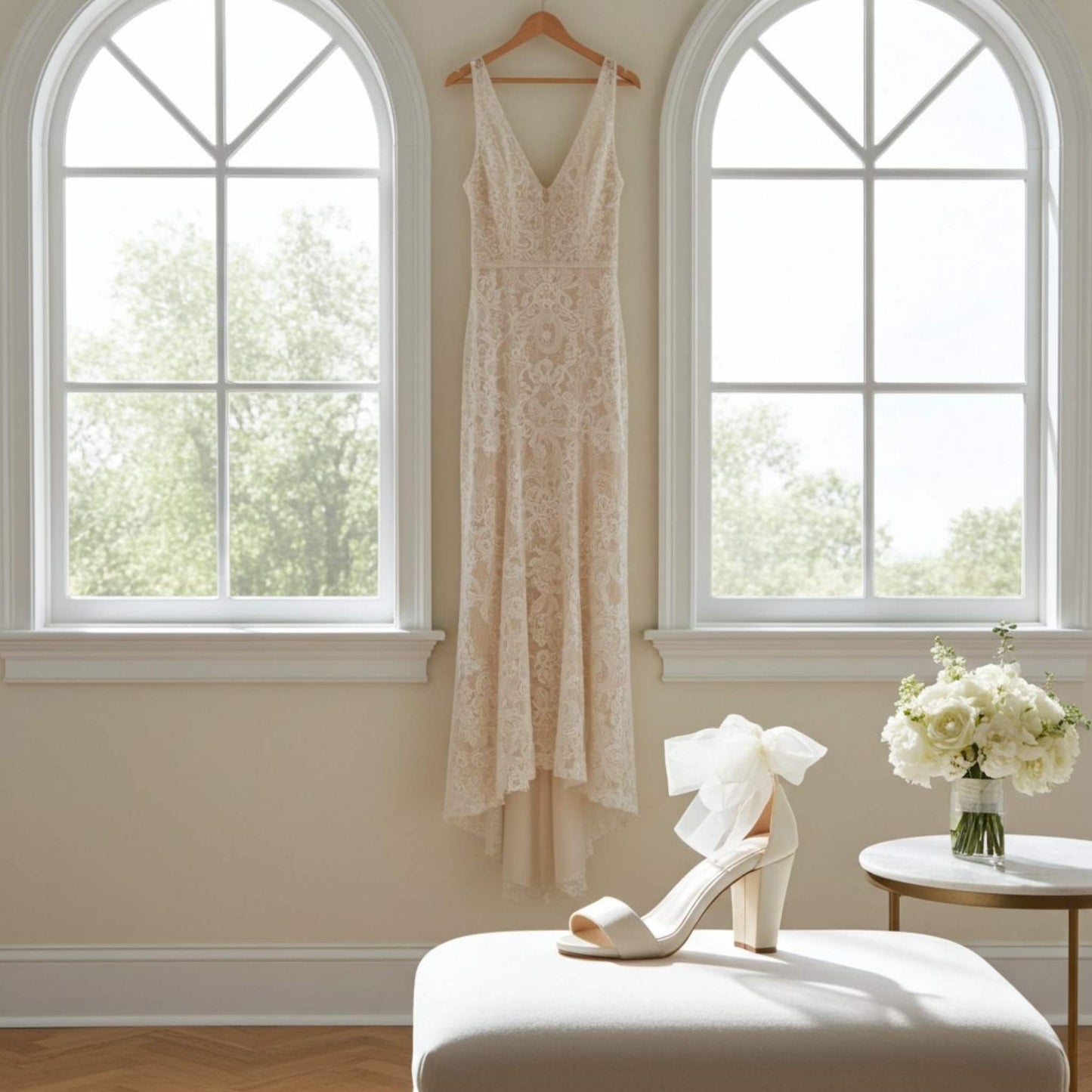 Lace dress hanging on a hanger with side view of block heel bridal shoes shoes and flowers on a stool in a room with large windows.