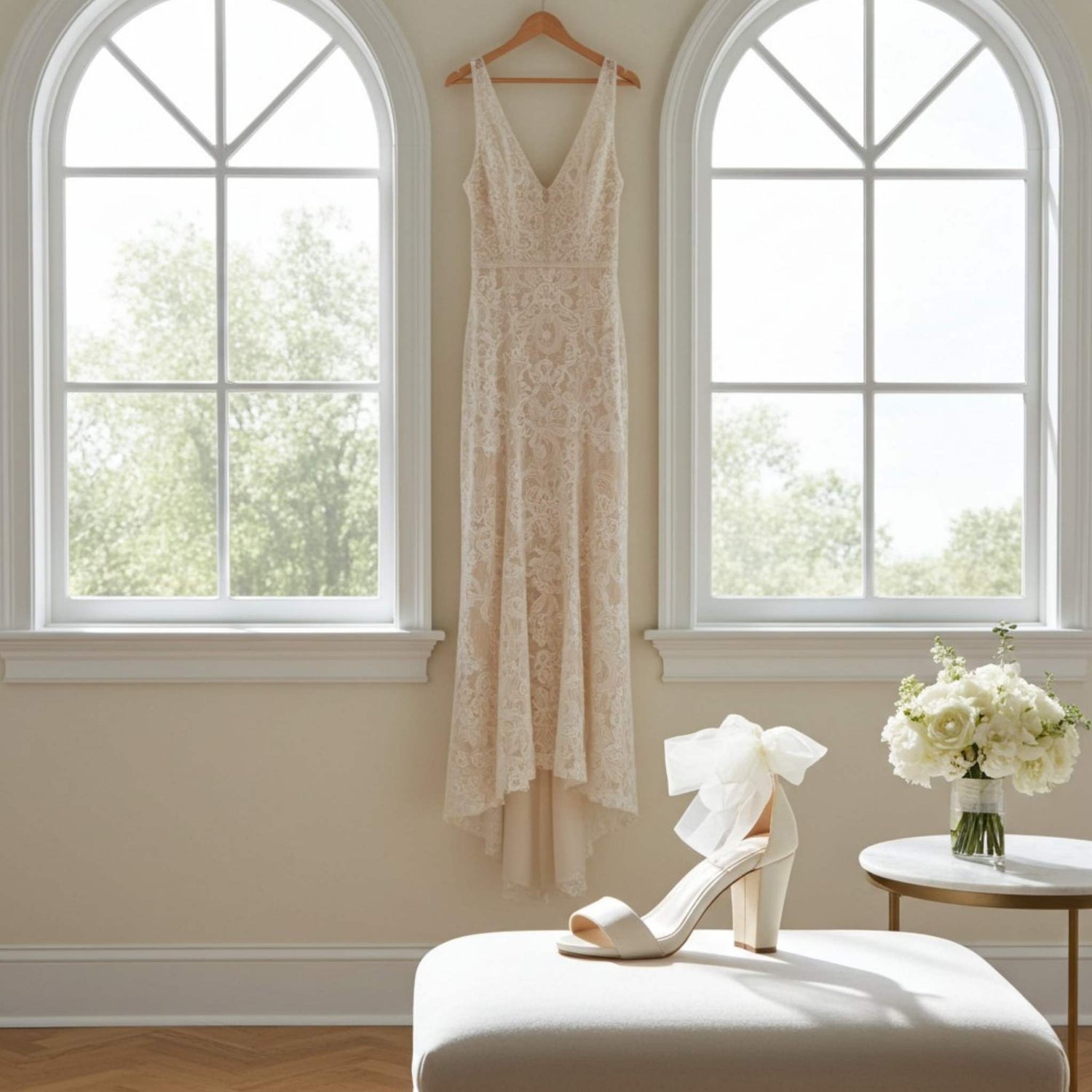 Lace dress hanging on a hanger with side view of block heel bridal shoes shoes and flowers on a stool in a room with large windows.