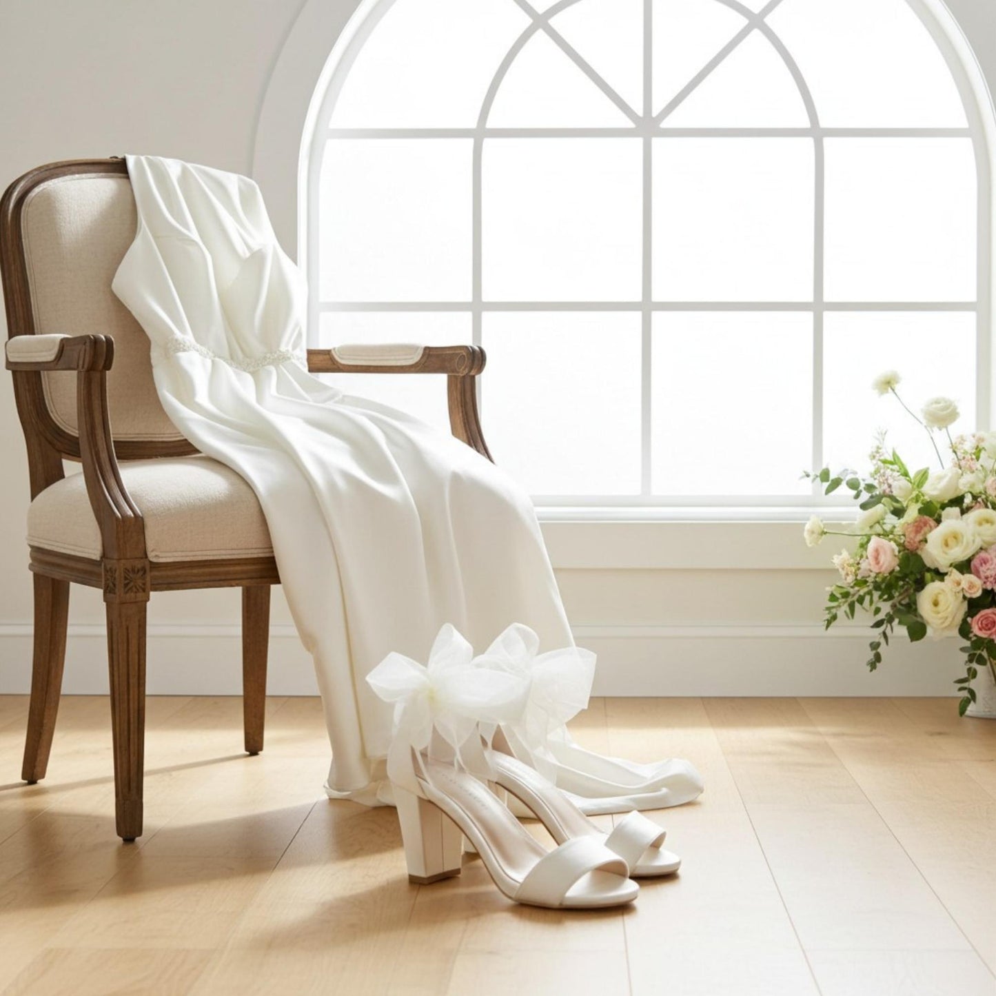 White wedding dress draped over a chair with ivory high-heeled shoes in front, in a bright room with a window and flowers.