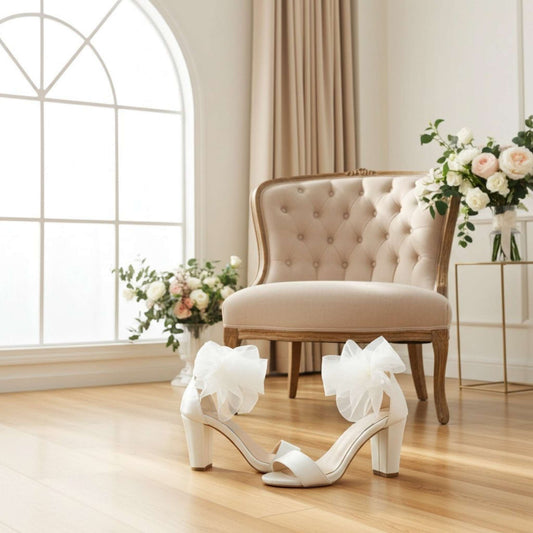 Ivory block heel wedding shoes with bow details on a wooden floor, with a beige armchair and floral arrangements in the background.