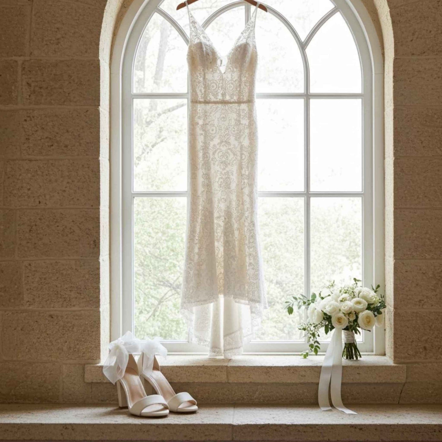White lace wedding dress hanging in front of a large arched window with open toe bridal shoes and flowers on the windowsill.