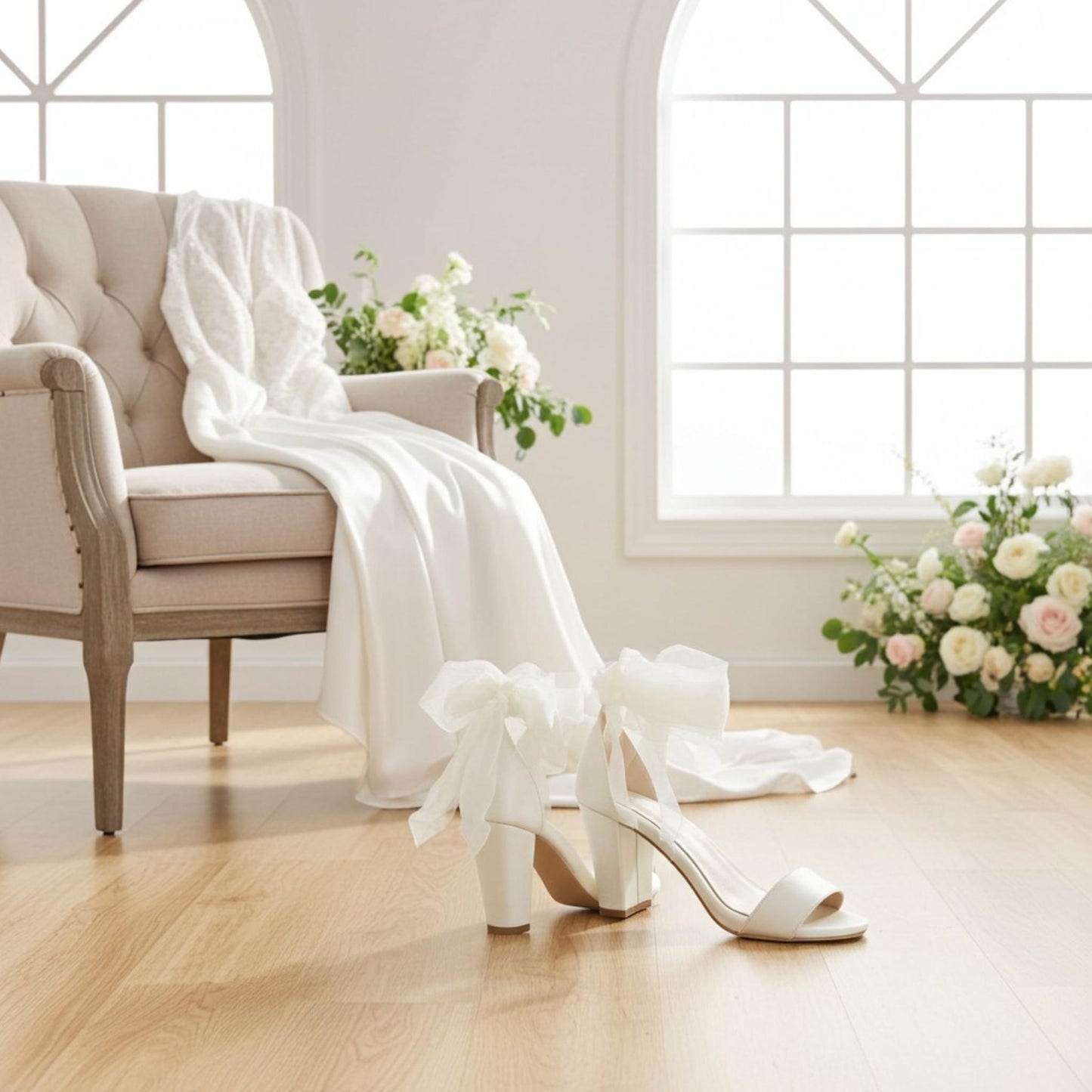 Ivory block-heeled shoes with ruffles on a wooden floor in a bright room with flowers and a chair.