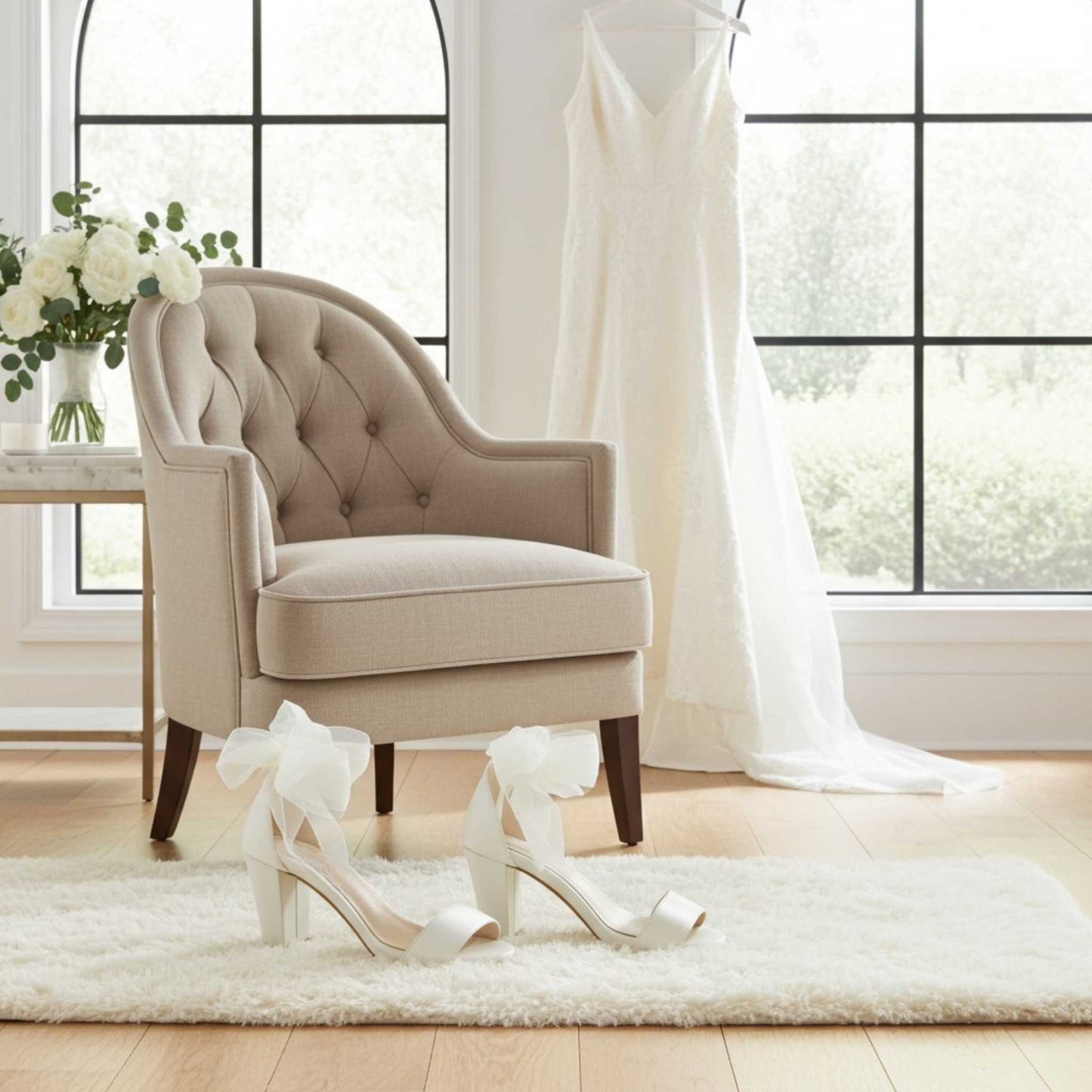 Beige armchair in a bright room with ivory wedding shoes and a dress on the floor.