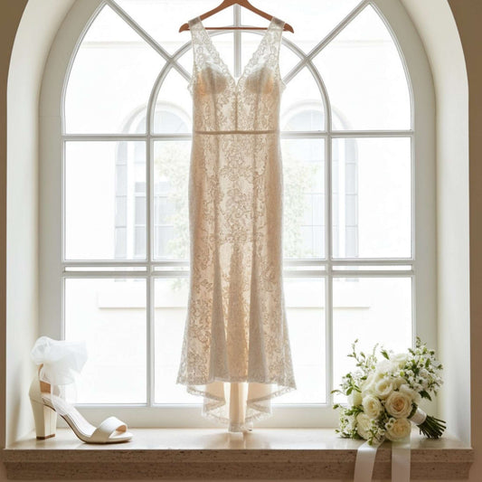 Lace wedding dress on a hanger with a bouquet and block heel bridal shoe in front of a large window.