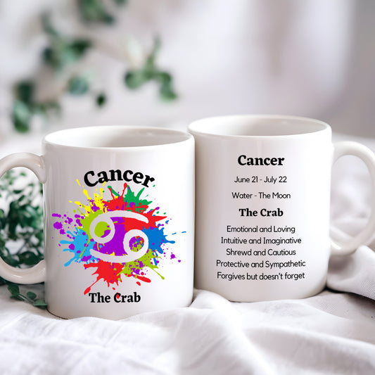 A white ceramic coffee mug with the Capricorn zodiac sign and its characteristics printed on it, displayed against a neutral background.