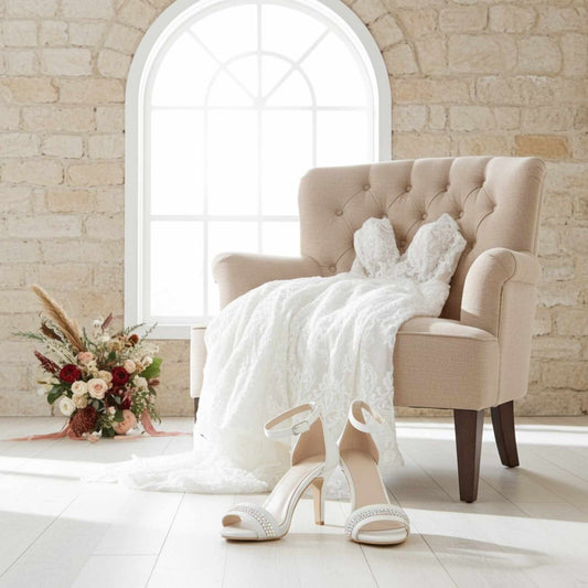 Open toe bridal shoes in front of a beige armchair with a white blanket and floral arrangement in a room with stone walls and a large window.