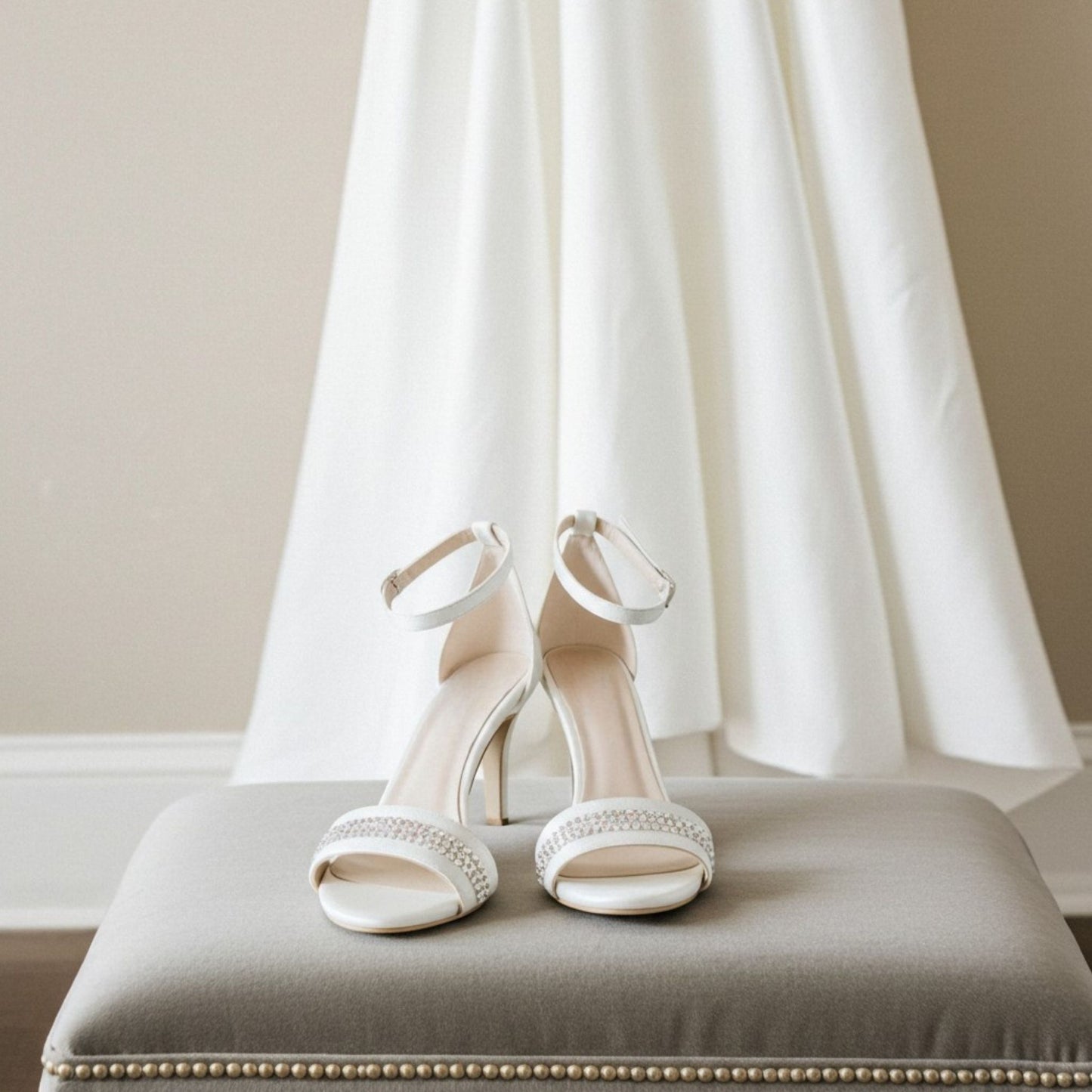 Ivory wedding shoes with decorative straps on a grey cushion in front of a white curtain.