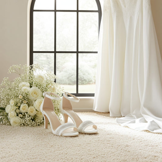 Pair of ivory high-heeled bridal sandals with rhinestone details next to a bouquet of white flowers in a room with a window and white curtains.