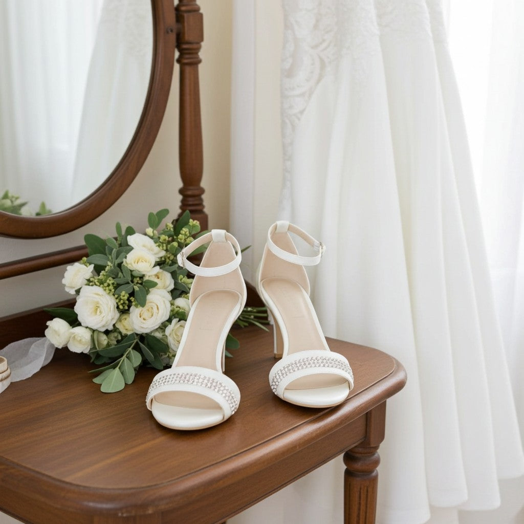 Ivory high-heeled crystal bridal shoes on a wooden table with flowers and a mirror in the background