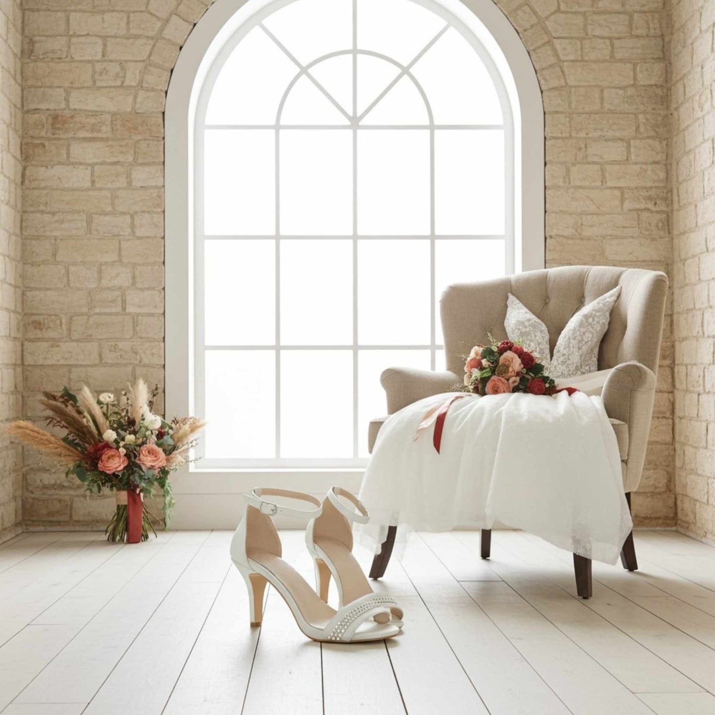 Bridal shoes with wedding dress and bouquet on chair in a room with large window and stone walls