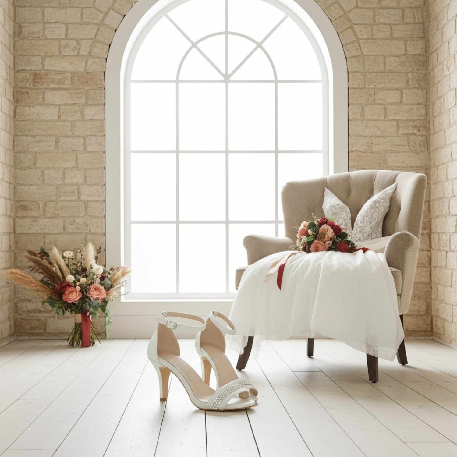Bridal shoes with wedding dress and bouquet on chair in a room with large window and stone walls