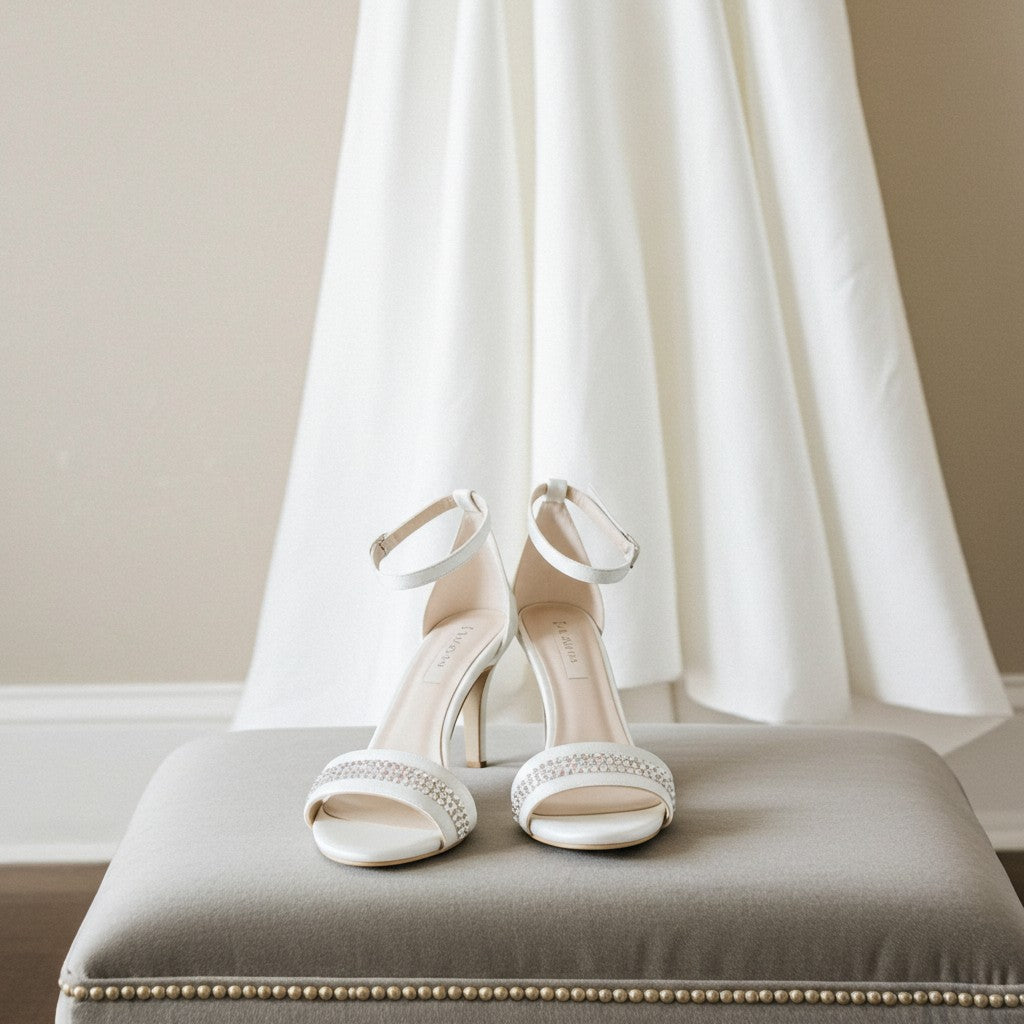 Ivory wedding shoes with decorative straps on a grey cushion in front of a white wedding gown.