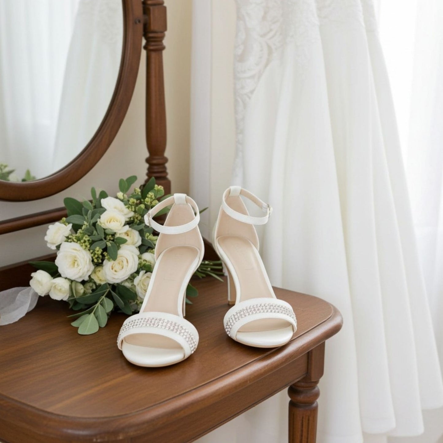 Ivory open toe high-heeled bridal shoes on a wooden table with a bouquet of flowers and a mirror in the background.