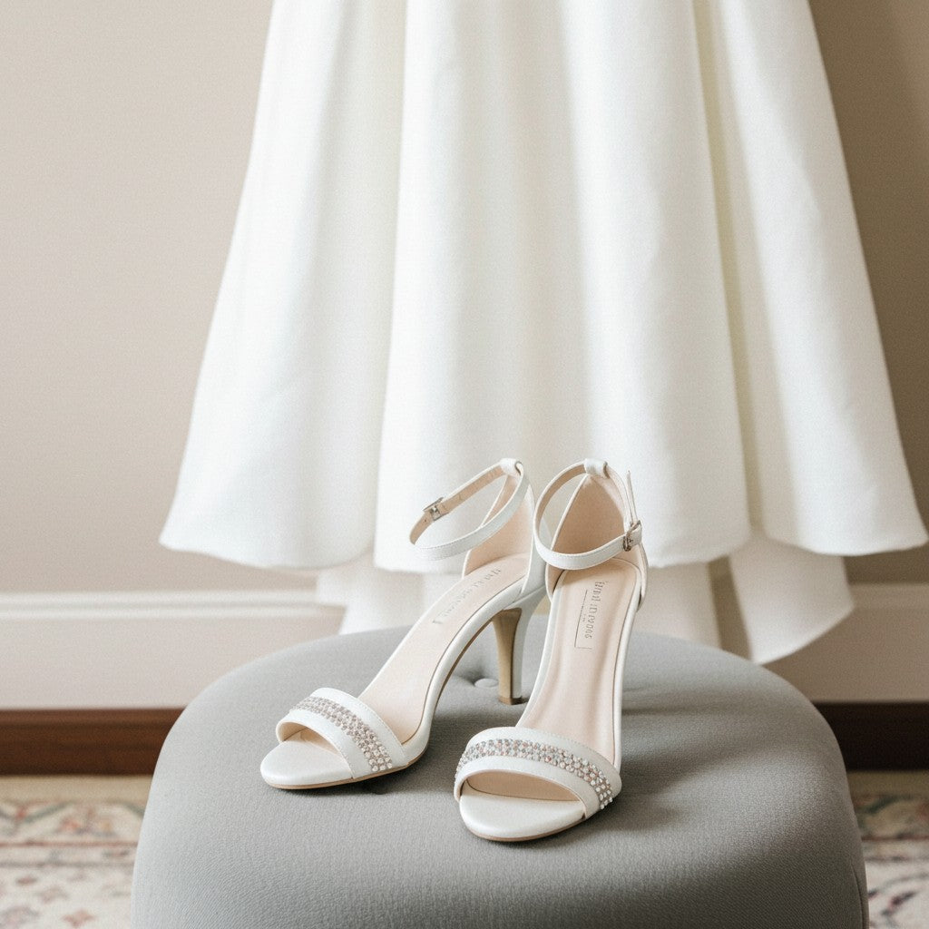 Ivory wedding shoes with rhinestones on a grey stool in front of a white dress.