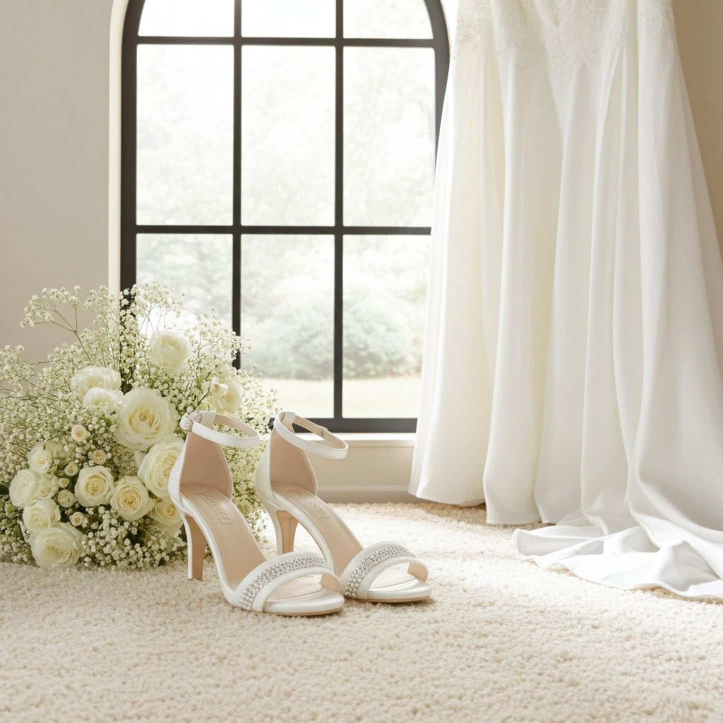 Ivory high-heeled wedding sandals with embellishments on a carpeted floor with flowers and curtains in the background.