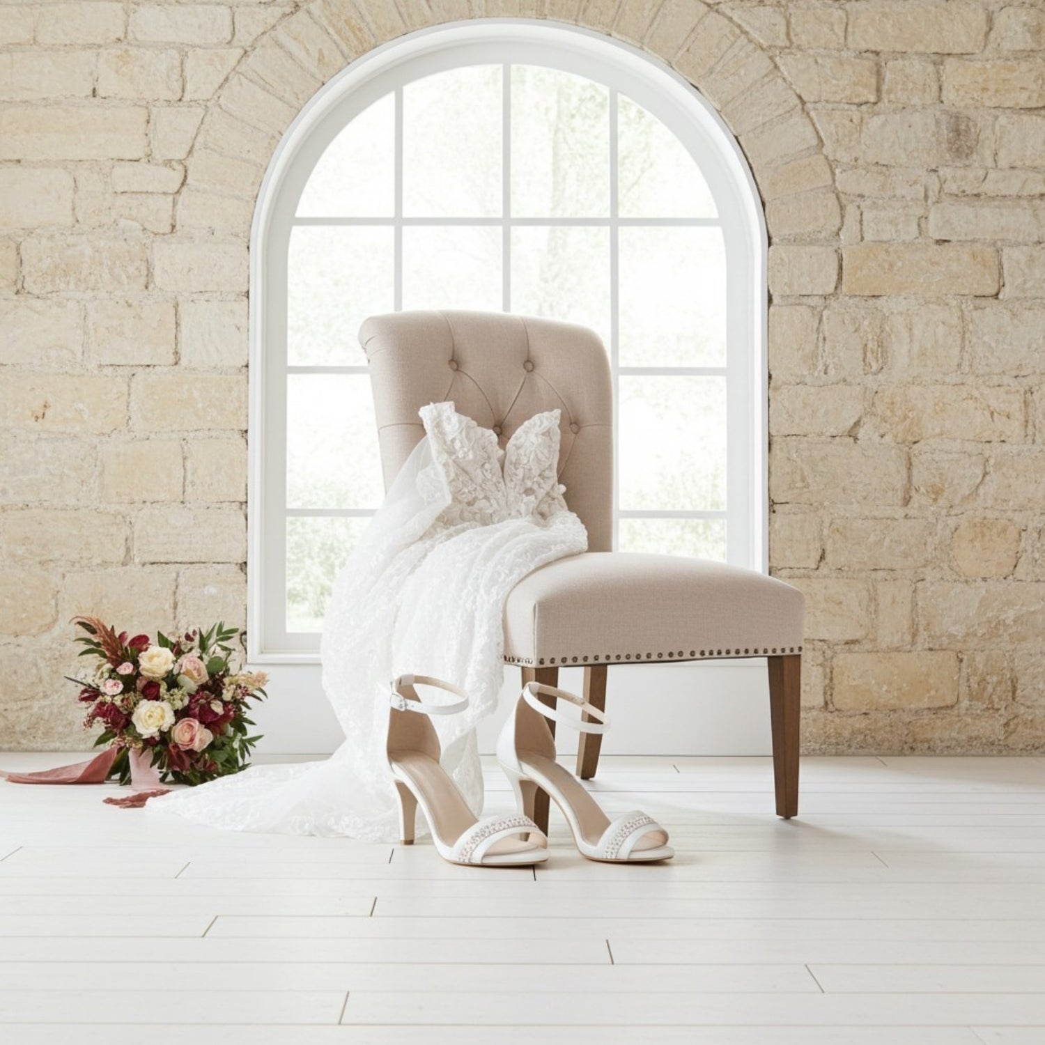 Bridal shoes with open toe in front of a beige chair with a white dress and high heels in front of a stone wall with an archway.