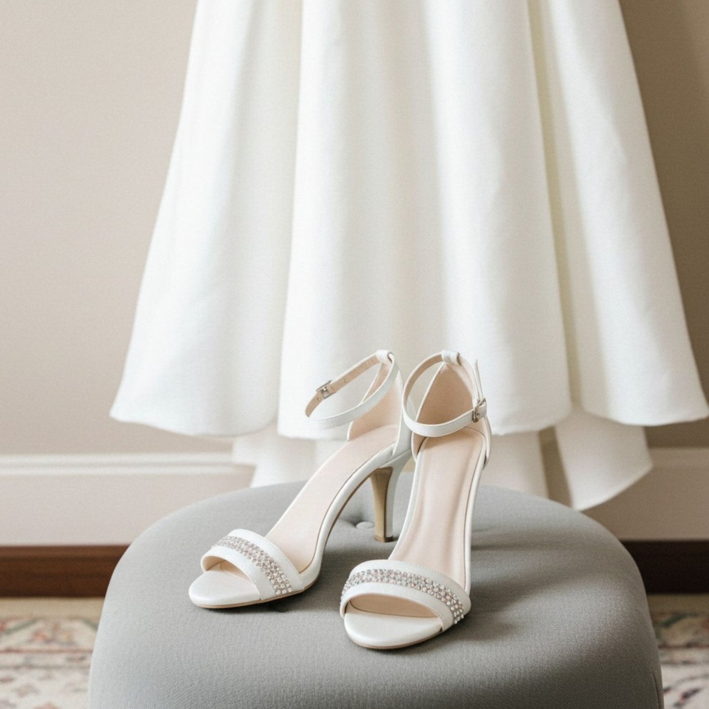 Ivory high-heeled bridal shoes with embellishments on a grey stool, with a white dress in the background.