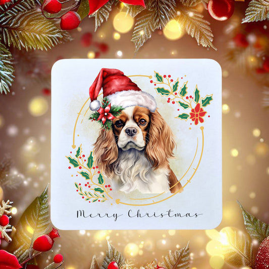 Cavalier King Charles Spaniel in a Santa hat on a Christmas themed coaster