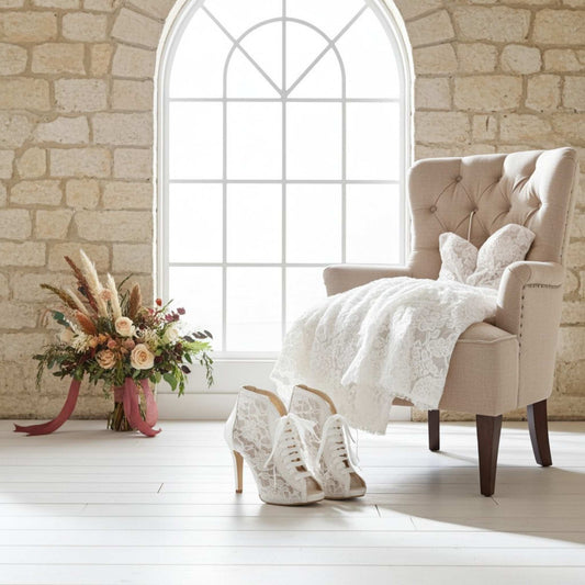 Bridal boots in front of a beige armchair with lace cover and floral arrangement on a stone wall background