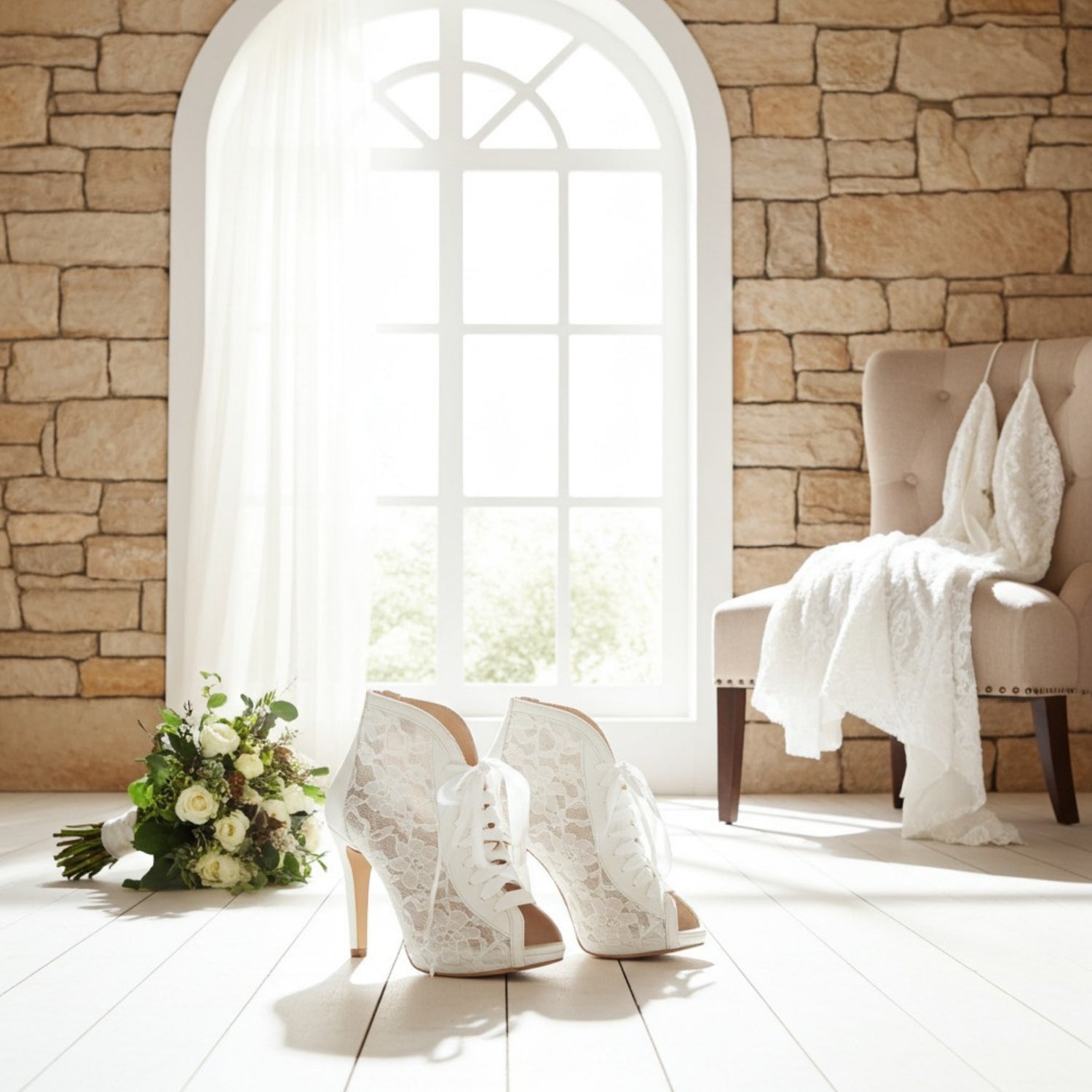 Ivory lace high-heeled bridal boots and a bouquet of flowers on a wooden floor with a stone wall and large window in the background.