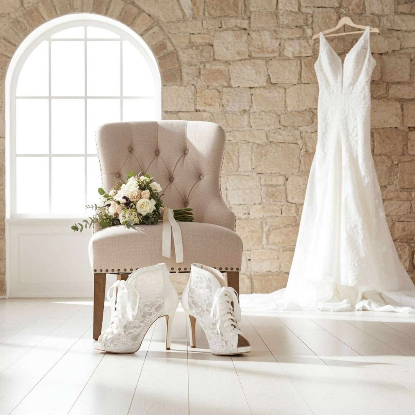 Ivory wedding dress hanging on a brick wall with lace bridal boots and flowers on a chair.