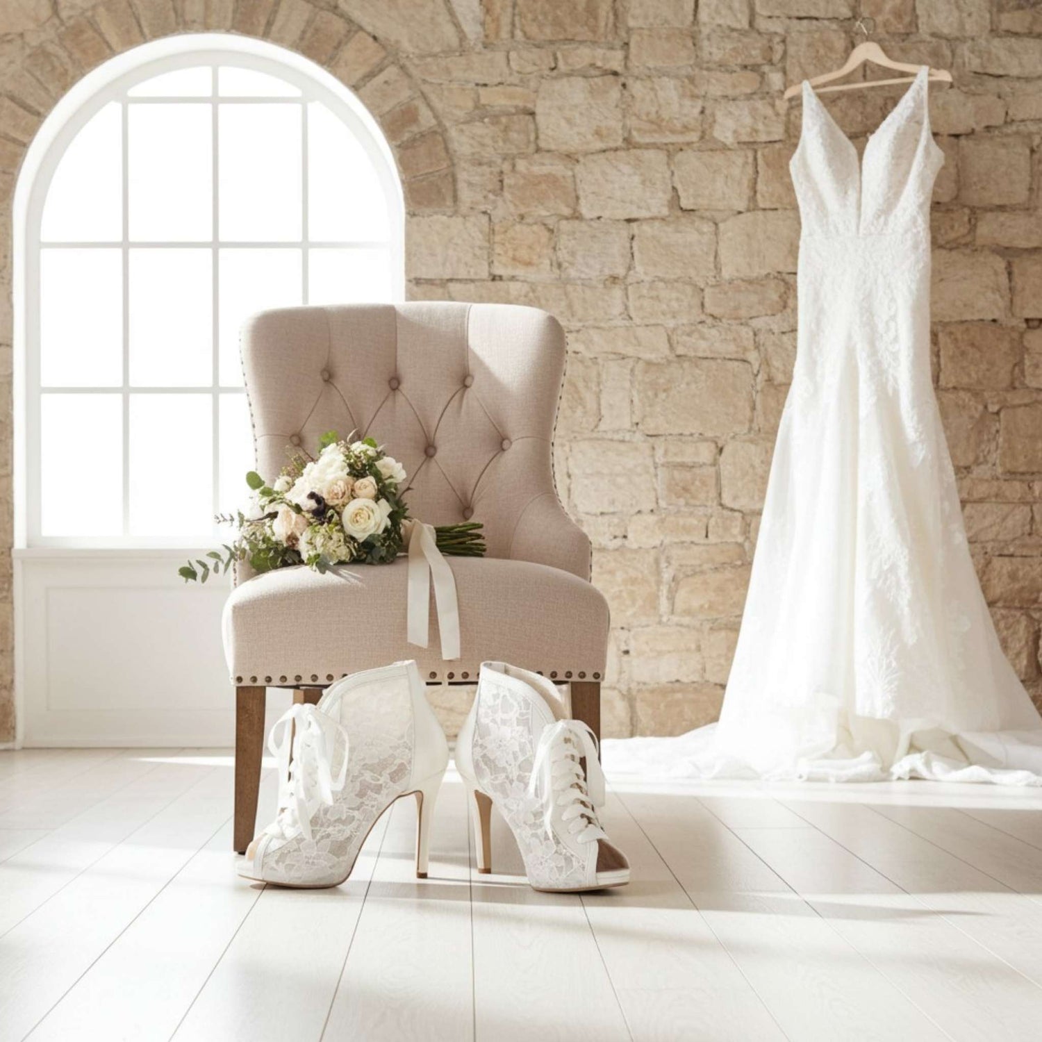 Ivory wedding dress hanging on a brick wall with lace bridal boots and flowers on a chair.