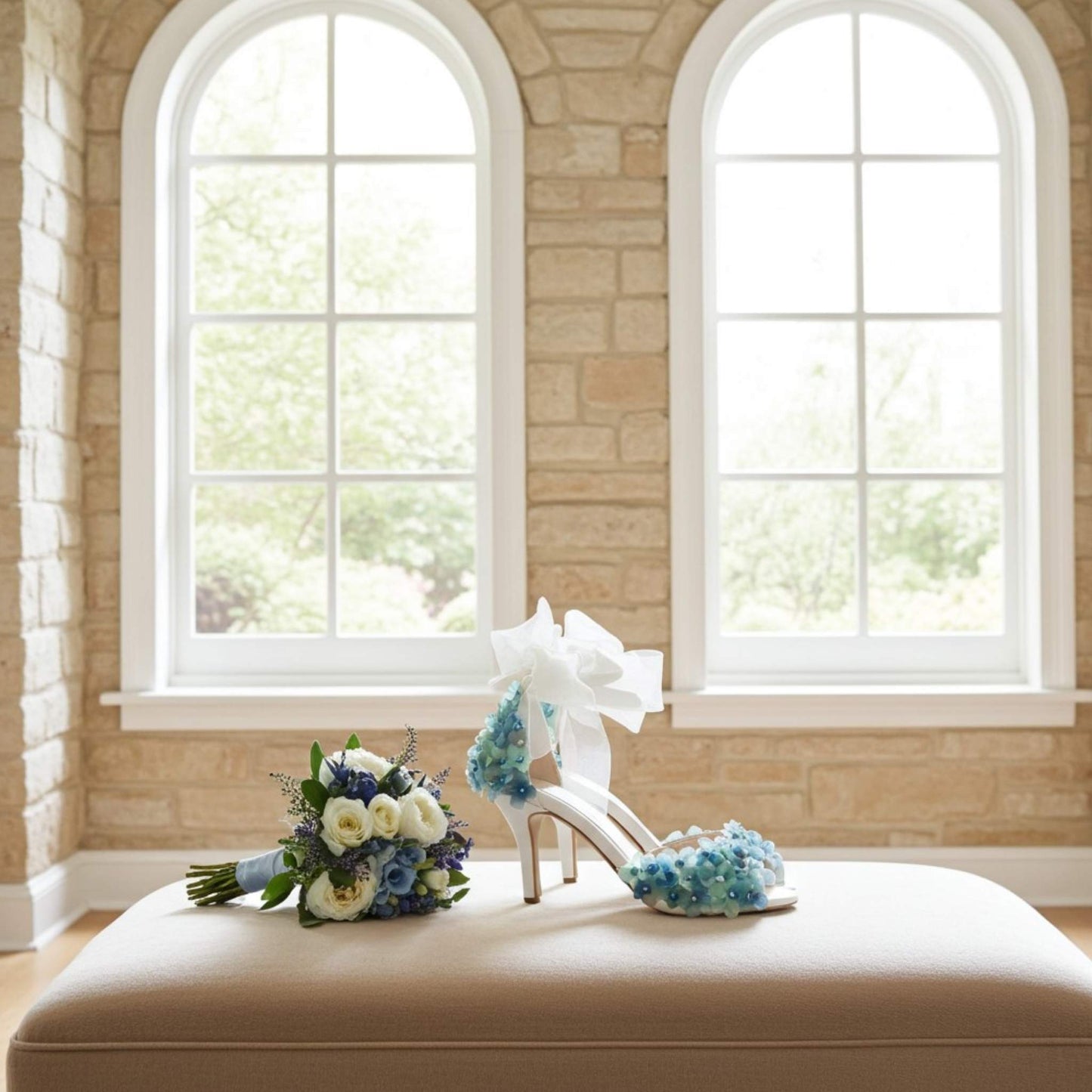 Bride's high heel shoes and bouquet on a cushion in front of large windows with stone wall background