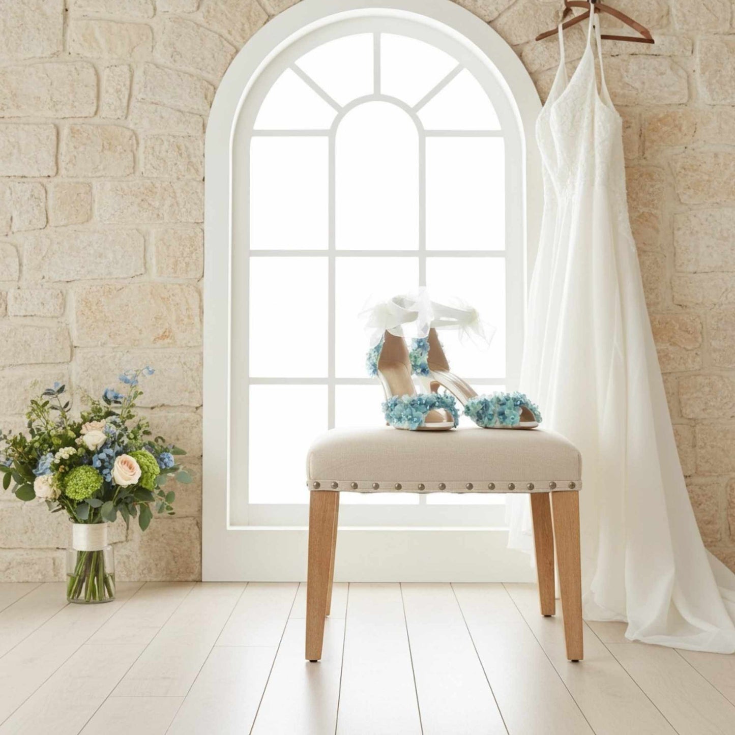 White wedding dress hanging, blue floral shoes on a stool, and bouquet by a window with stone wall.