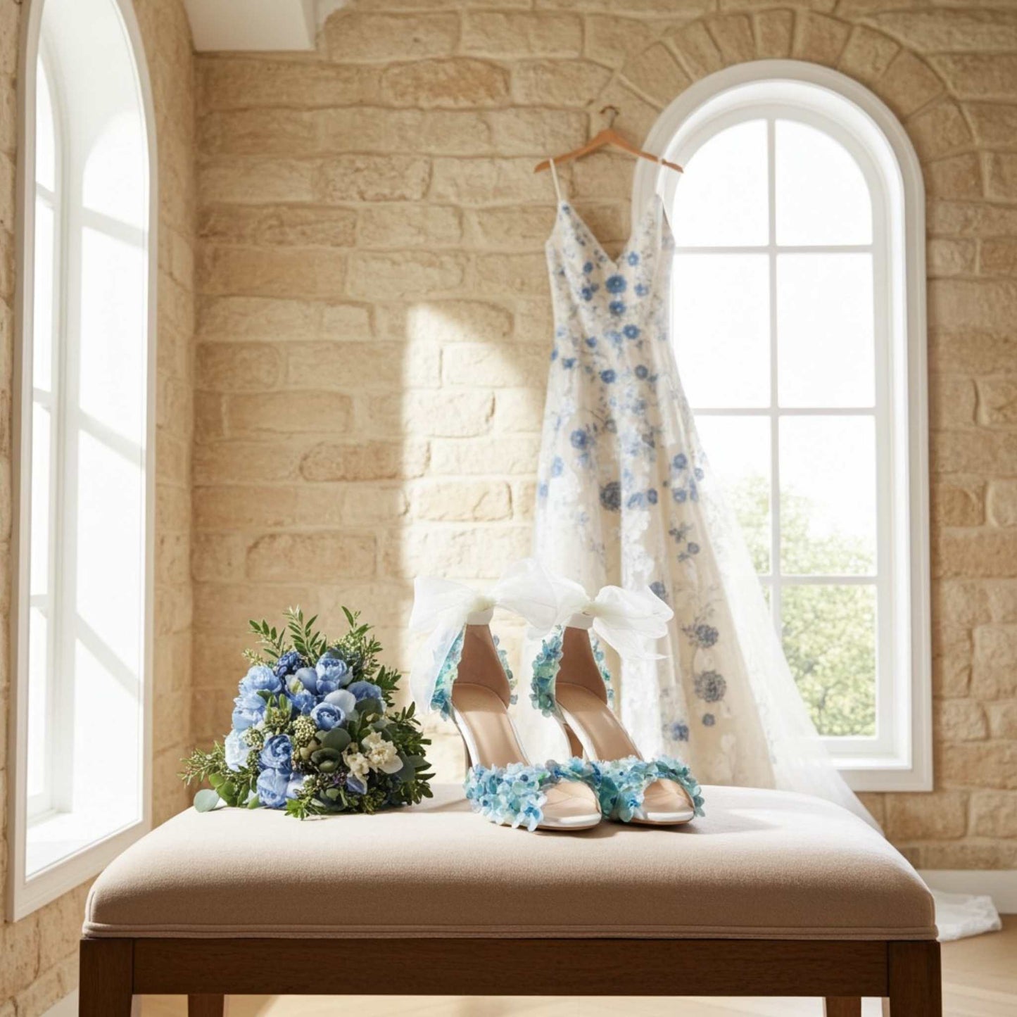 Floral dress hanging on a rack with matching shoes and bouquet on a stool in a sunlit room.