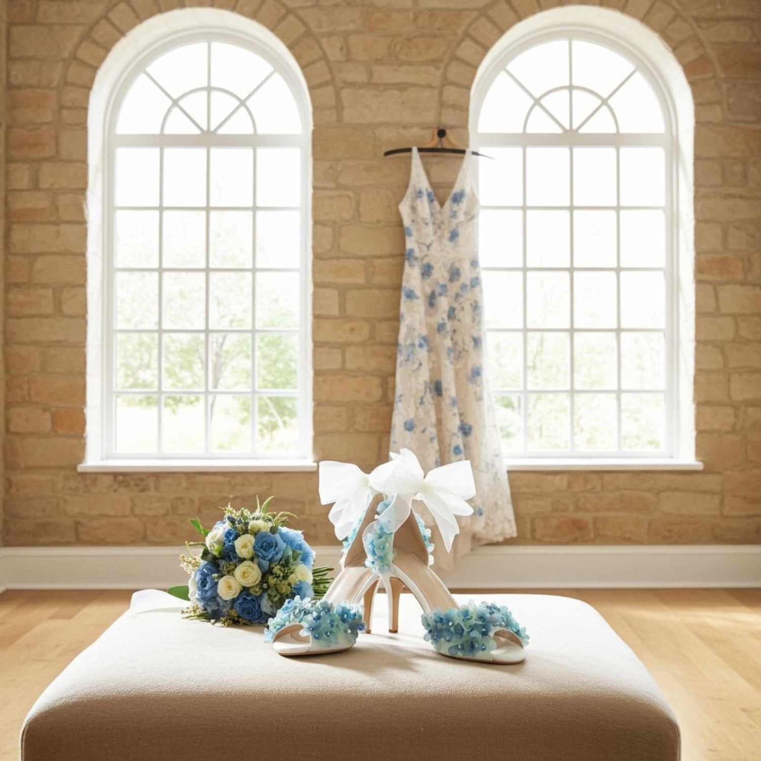 Floral shoes and bouquet on a cream surface with a dress hanging in the background.