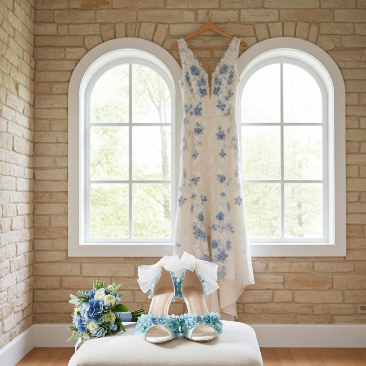 Floral dress, floral bridal shoes, and bouquet on a stool in front of a window with a brick wall background