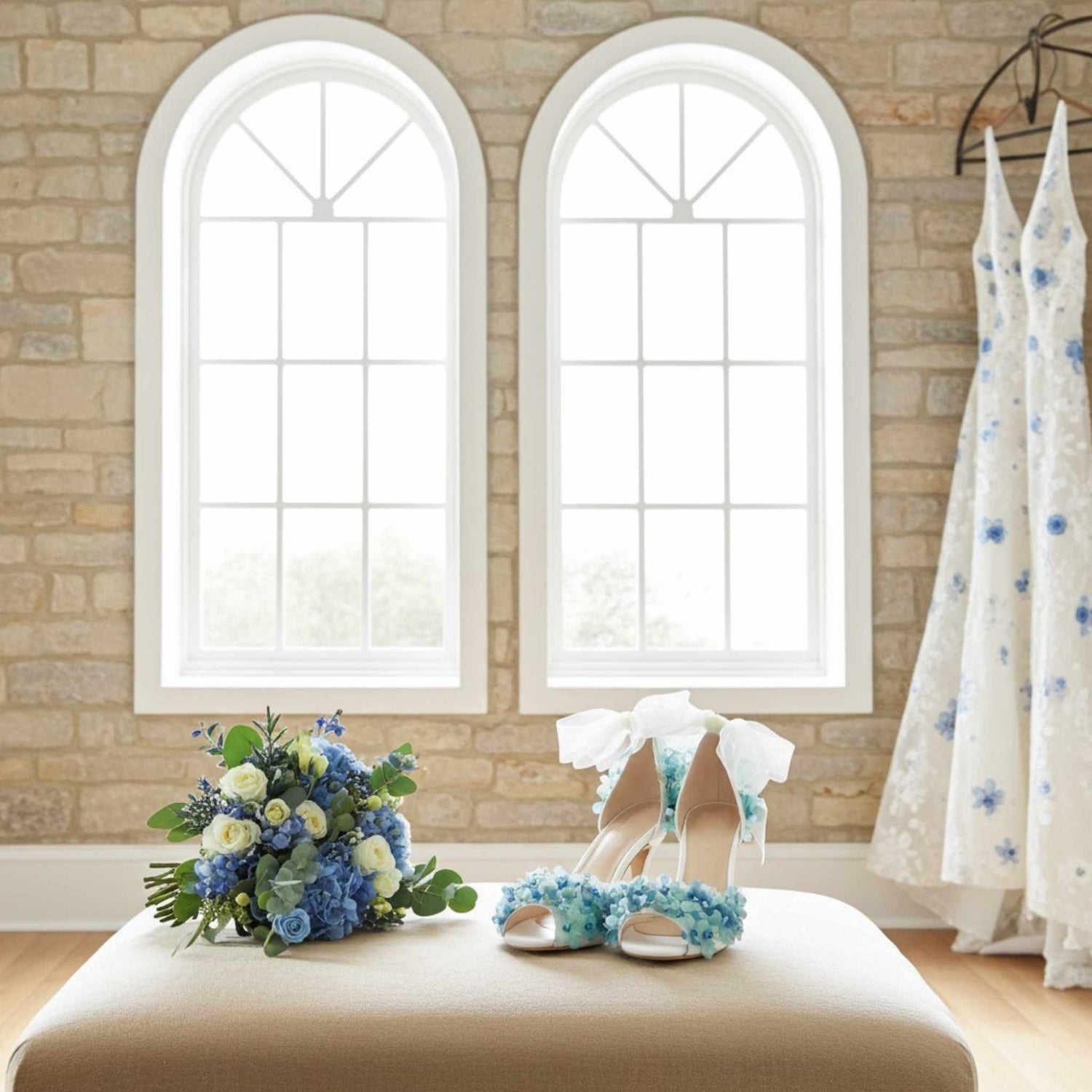 Bouquet of flowers and floral bridal sandals on an ottamen with stone wall and windows in the background
