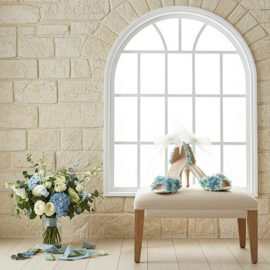 Bridal shoes with floral decorations on a cushioned stool next to a vase of flowers in front of a large window.