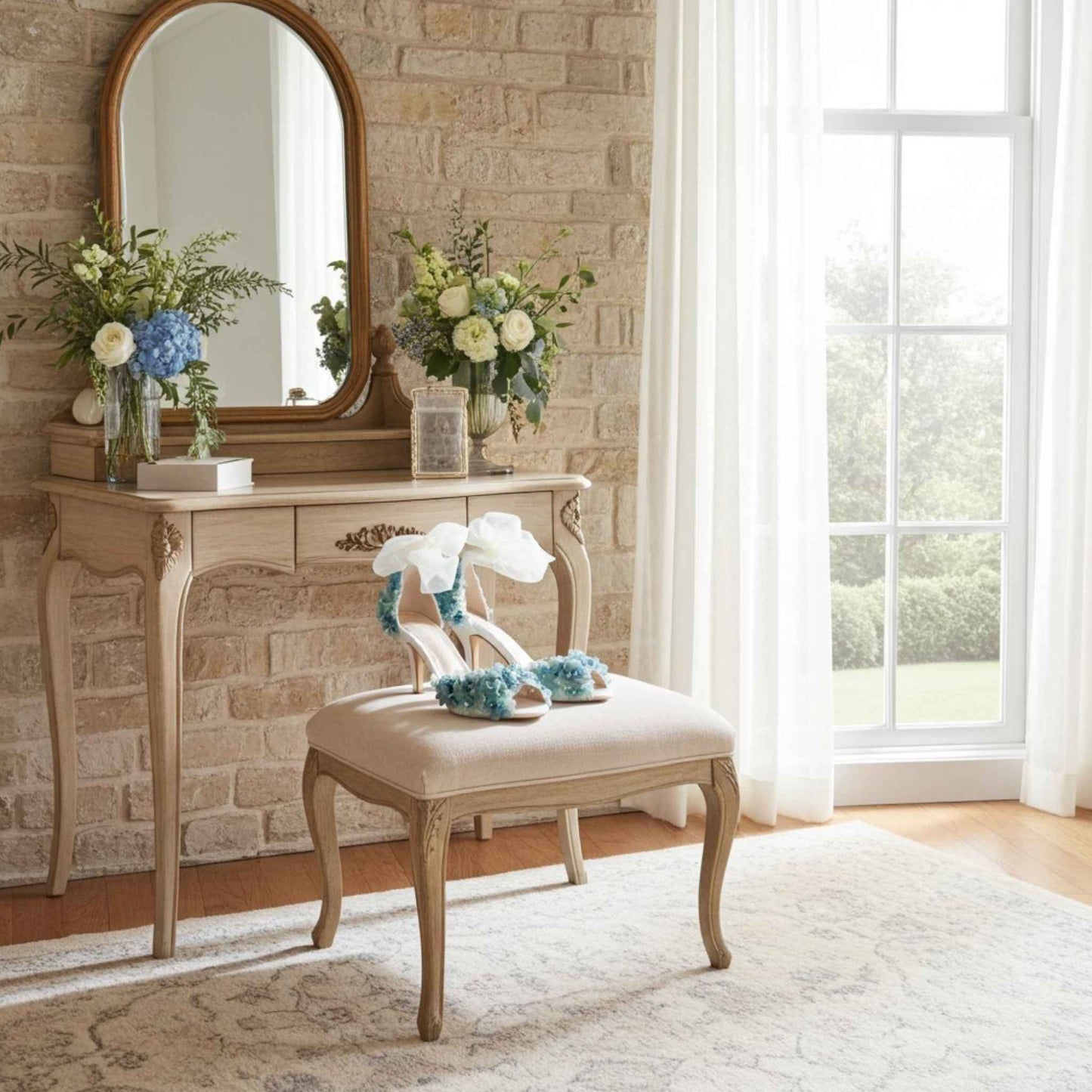Dressing table with mirror, flowers, and floral peep toe bridal shoes on a stool in a bright room.