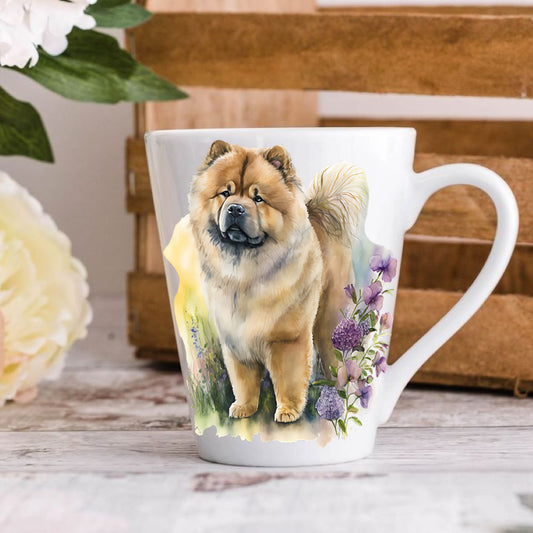 A latte coffee mug with a ceramic Chow Chow dog design, displayed on a wooden table with floral elements in the background.