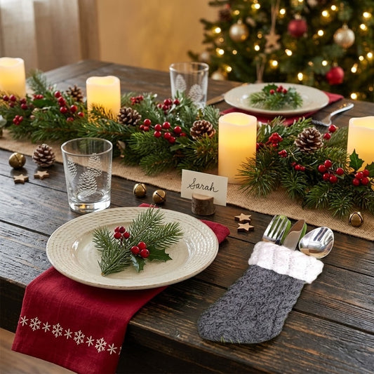 A festive Christmas table setting on a dark wooden table, featuring a green pine garland with red berries, lit pillar candles, white plates with greenery accents, a red napkin with white snowflake trim, silver cutlery in a grey knit Christmas stocking and a blurred Christmas tree in the background.