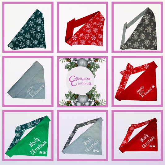 Image showing festive dog bandanas in various colours and designs with slogans