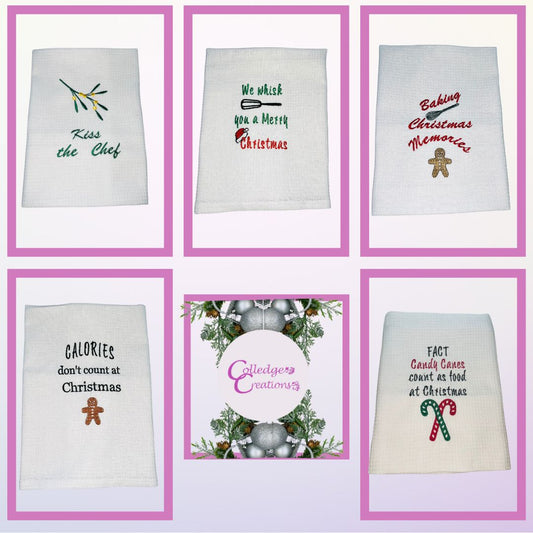 Image of 5 tea towels with Christmas related slogans on them