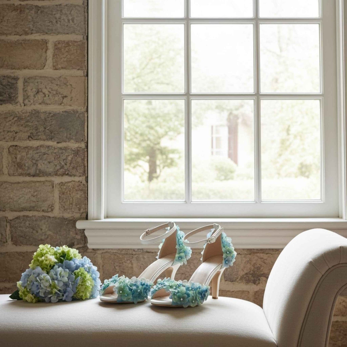 Ivory high-heeled bridal shoes with floral decorations on a white surface near a window with a stone wall background.